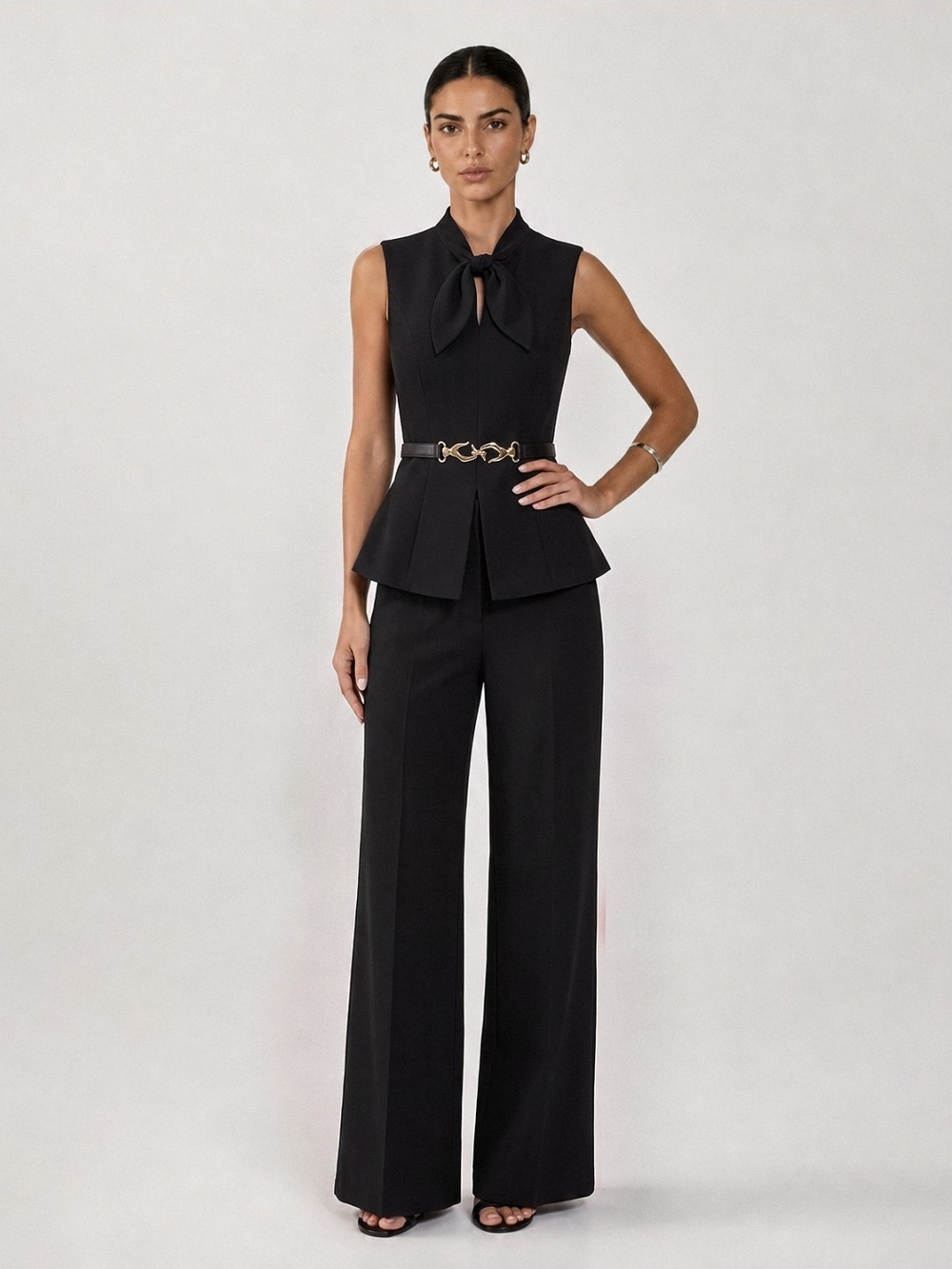 Commense Black Sleeveless Peplum Pantsuit with Gold Chain Accent